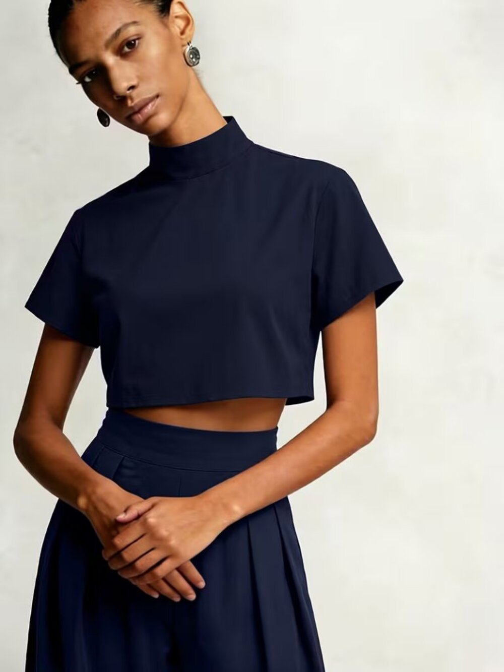 Navy Blue Short Top + Wide Leg Pants Set - Picture 4 of 6